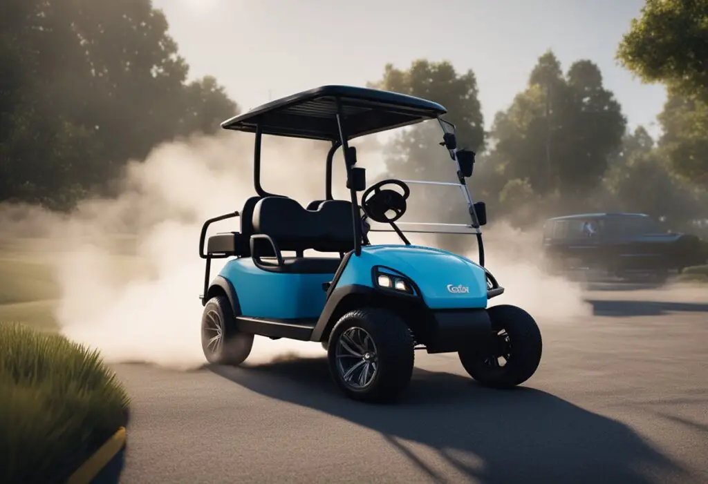 A golf cart with a malfunctioning engine, smoke coming from under the hood, and a technician using diagnostic equipment to troubleshoot the problem