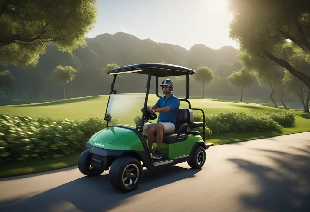 A golf cart zooms across a lush green course, effortlessly maneuvering around obstacles. Upgraded wheels and suspension enhance its performance, while a sleek design and comfortable seating elevate the rider's experience