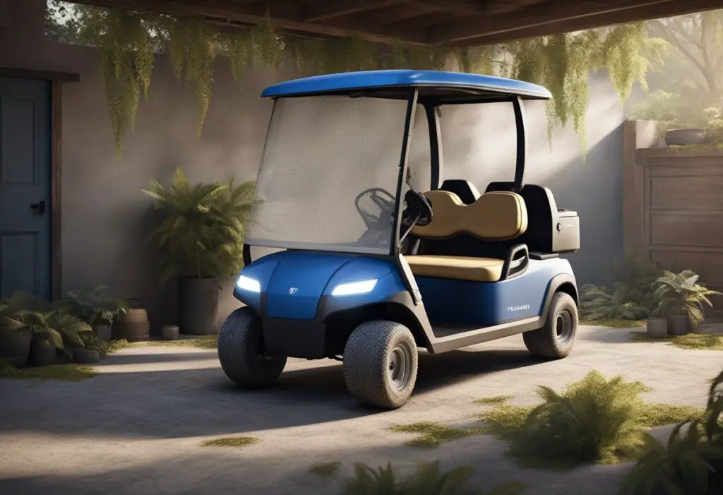 A golf cart sits in a garage, covered in leaves and dirt. Its battery is dead, and the tires are flat. The cart looks neglected and in need of maintenance