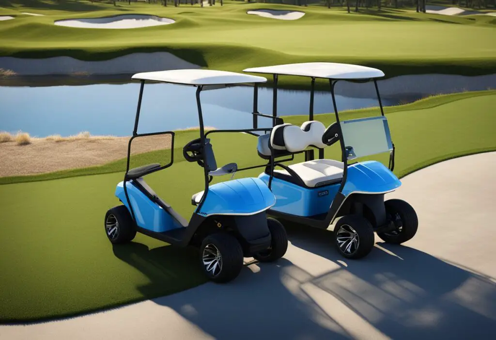 Two golf carts side by side, one labeled "Icon" and the other "Ezgo." The carts are parked on a grassy golf course with a clear blue sky in the background