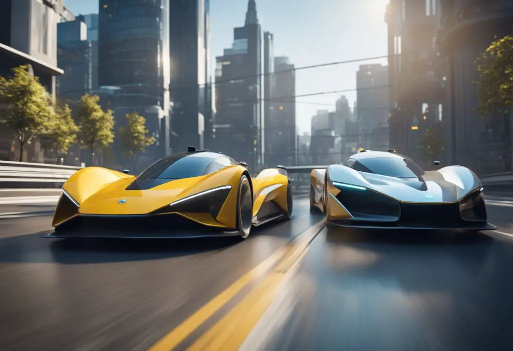 Two futuristic vehicles racing on a sleek, urban track. The iconic EV leads the advanced EV in a high-speed chase
