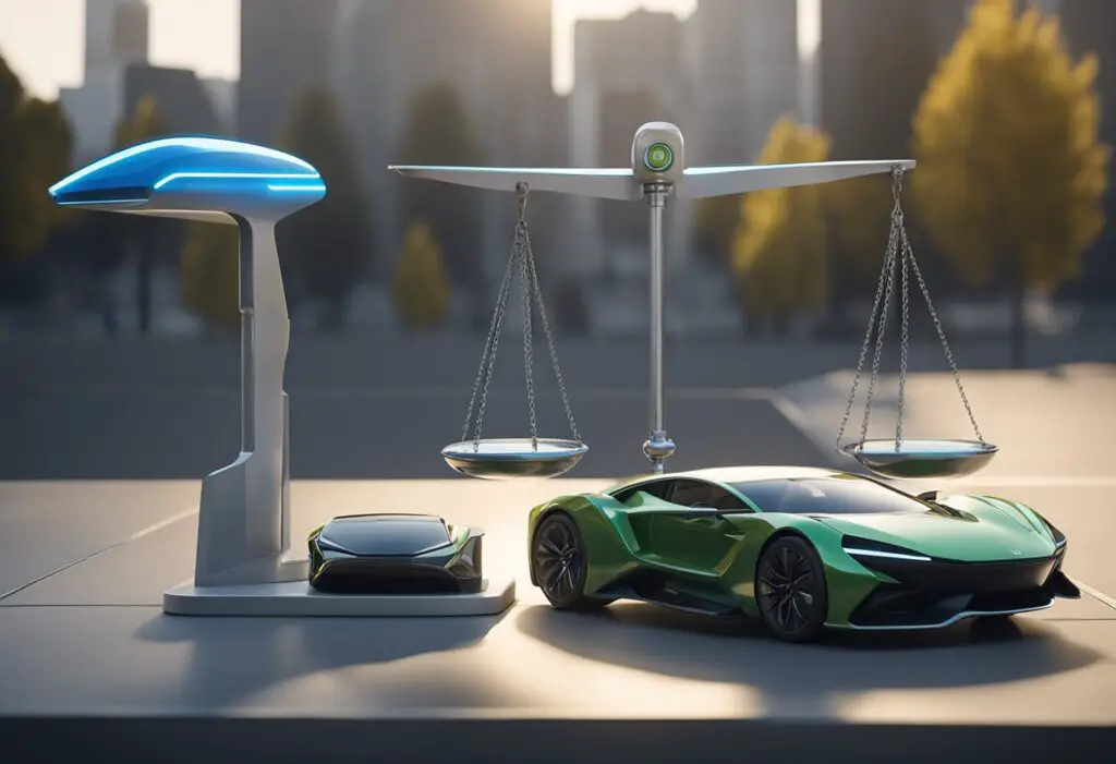 A scale with a balance symbolizing legal and safety considerations, facing off against an electric vehicle representing advanced technology