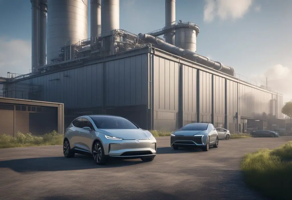 A factory emits pollution while an advanced electric vehicle produces no emissions, showcasing the environmental and economic impact