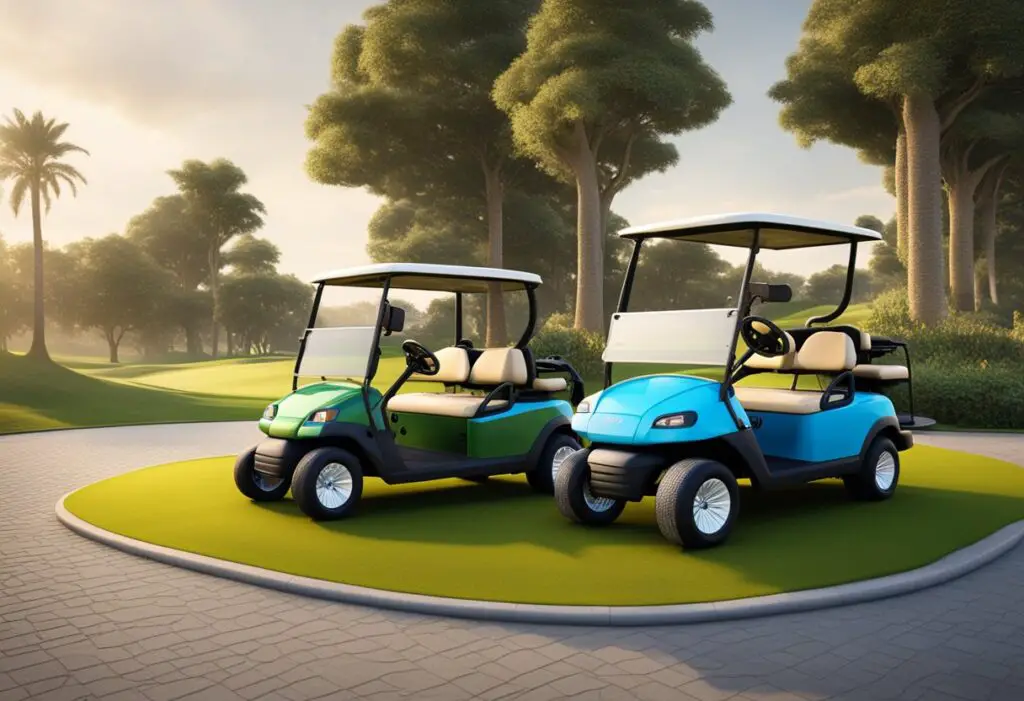 Two golf carts, one with an icon symbol and the other with a club symbol, facing each other on a grassy golf course