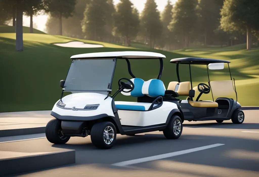 Two golf carts side by side. One labeled "Performance Comparison" with speedometer and trophy icon. The other labeled "club car" with golf club and bag icon