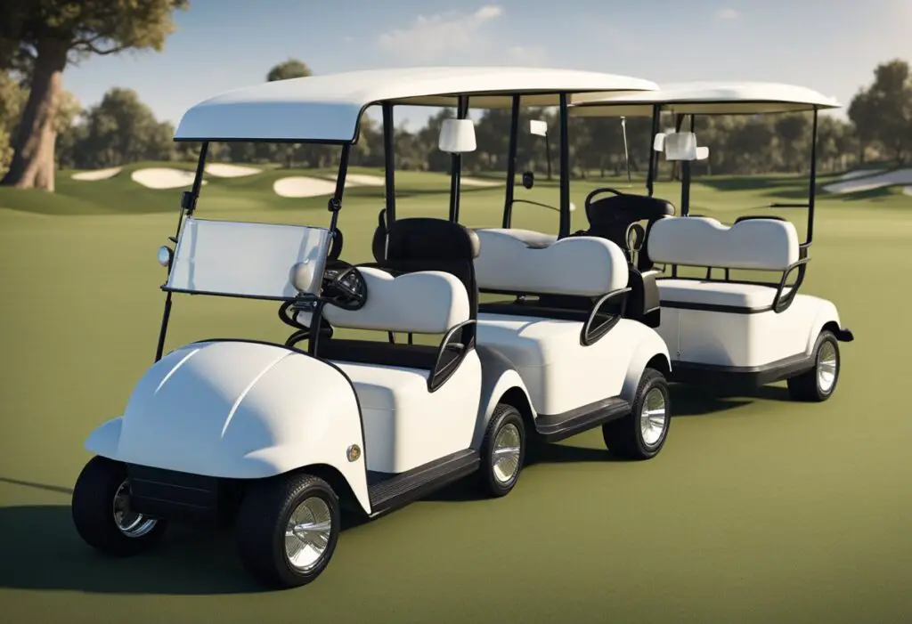 A sleek, modern Design and Aesthetics icon stands in contrast to a row of classic, vintage club car golf carts