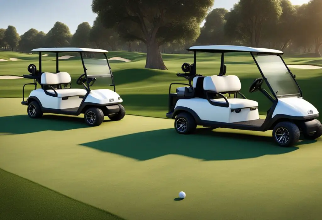 Two golf carts, one with a "Practical Considerations" icon and the other with a "Club Car" logo, parked side by side on a grassy golf course