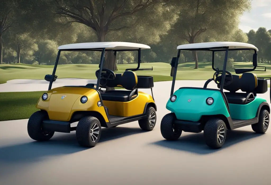 Two golf carts, one old and one modern, side by side. The old cart looks outdated with basic features, while the modern one is sleek and advanced with high-tech specifications