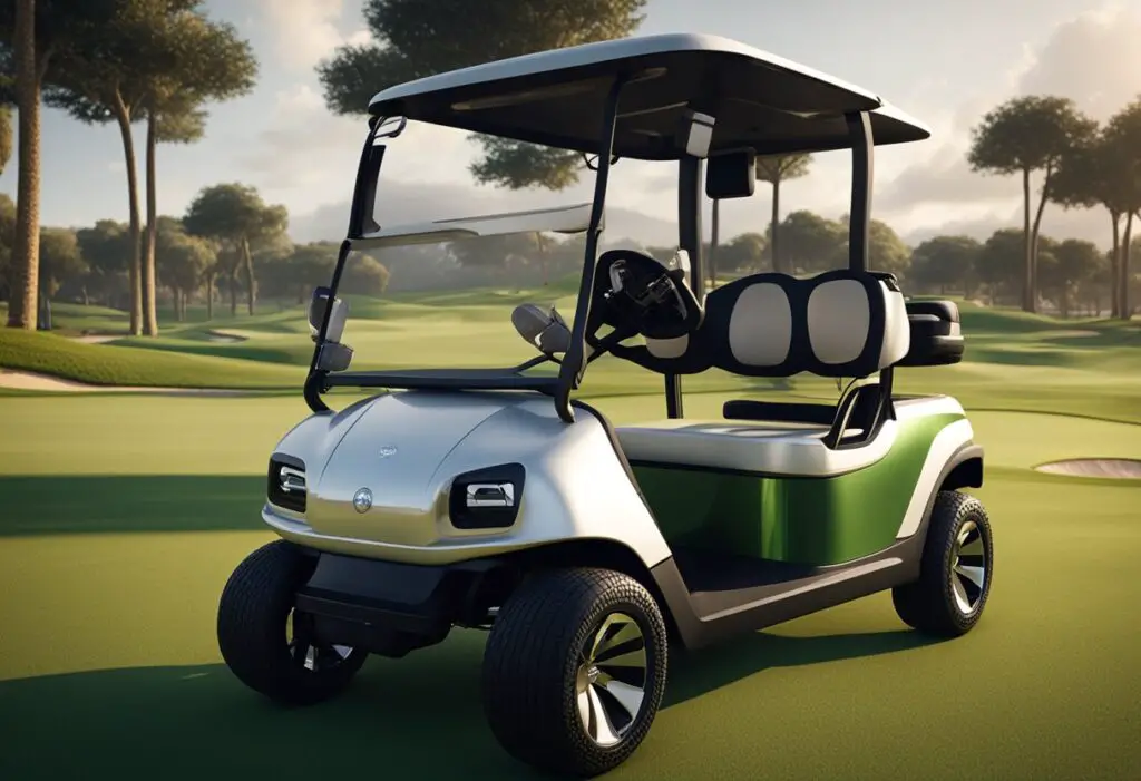 Two golf carts, one modern and sleek, the other traditional and iconic, facing off on a golf course