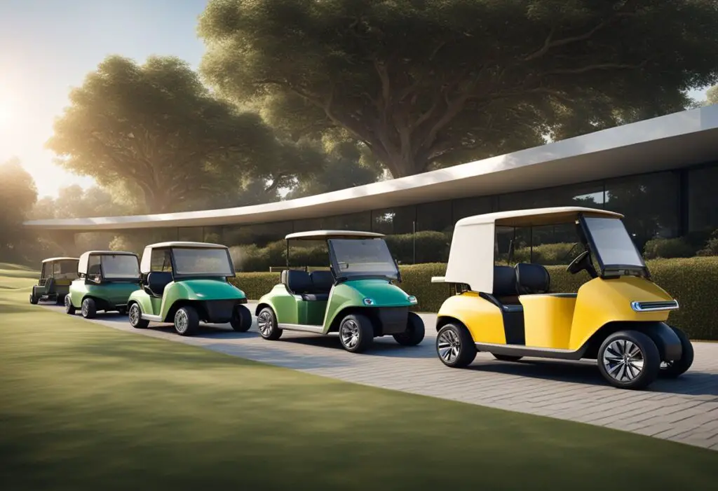 A group of modern, sleek golf carts stand next to vintage, iconic models, symbolizing the evolution of consumer insights in the golf industry