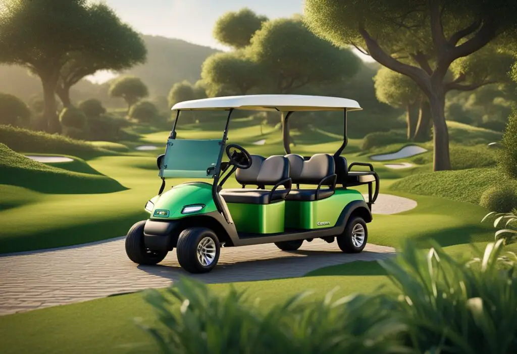 Icon golf carts replace traditional vehicles in a lush, green landscape. Evolution of environmental impact is depicted