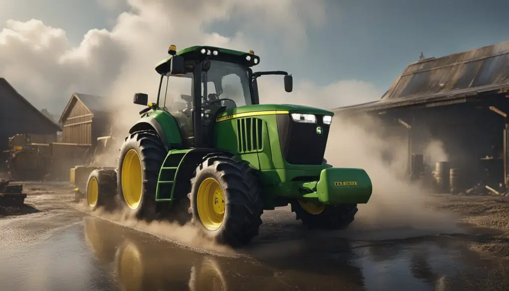 The John Deere X350 sits idle, surrounded by a cloud of smoke, with a puddle of oil forming beneath its chassis