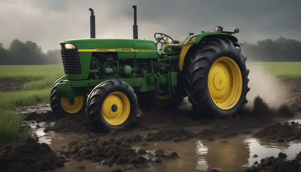 The John Deere 3032e tractor is stuck in a muddy field, smoke billowing from the engine as the gears grind and the transmission struggles to engage