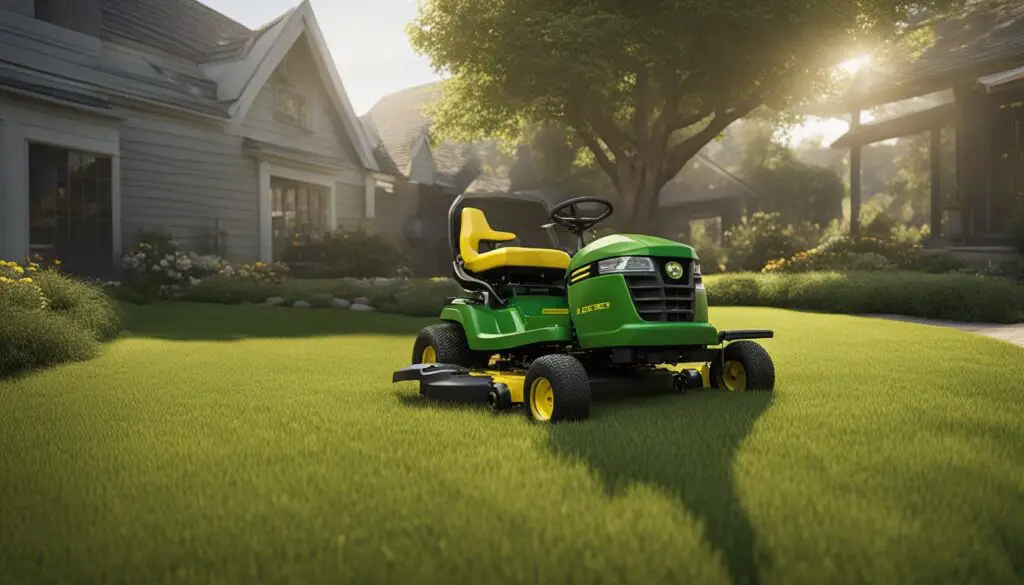 The John Deere x350 mower deck shows uneven cutting quality, with visible grass clumps and missed spots