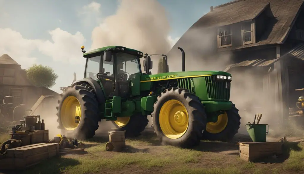 The John Deere 790 tractor sits idle with smoke billowing from the engine, surrounded by scattered tools and a frustrated farmer scratching his head