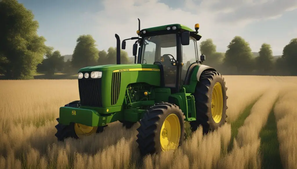 A John Deere 5045E tractor sits idle in a field, surrounded by tall grass and with a flat tire
