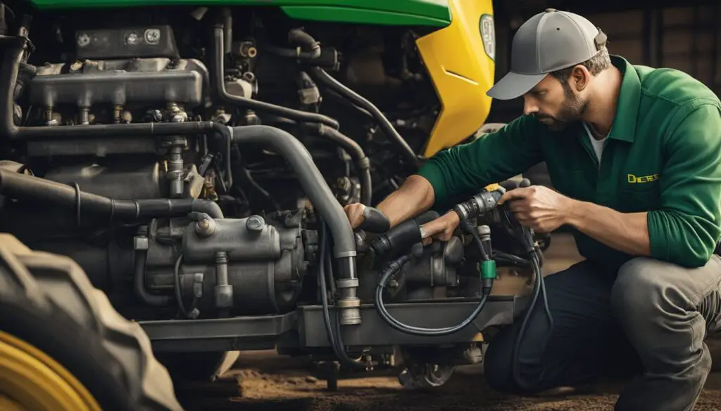 A mechanic performs fuel system maintenance on a John Deere 5045E tractor, inspecting filters and hoses for signs of wear or damage