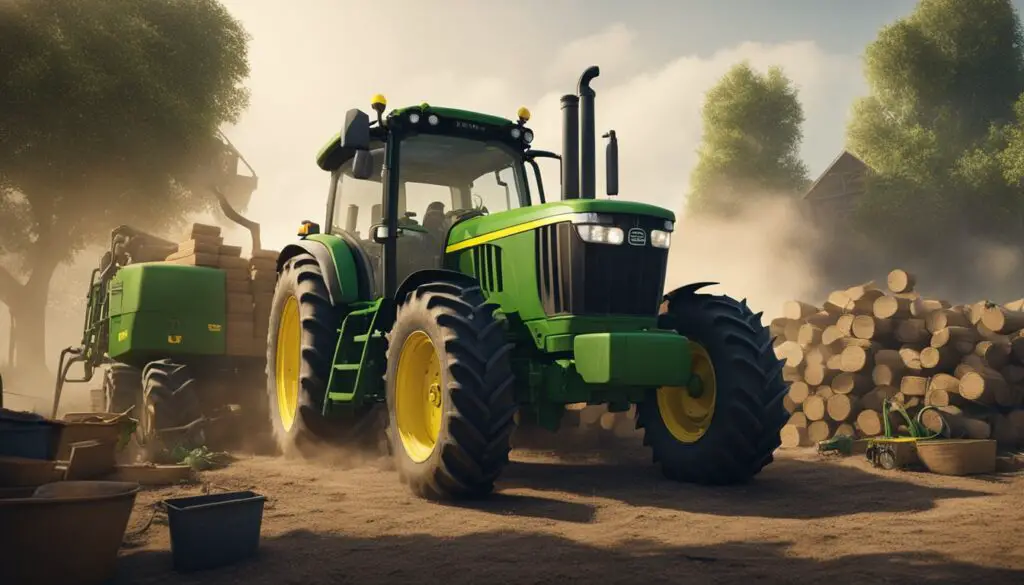 The John Deere 5045E tractor sits idle with smoke rising from its engine, surrounded by scattered tools and a puzzled farmer scratching his head