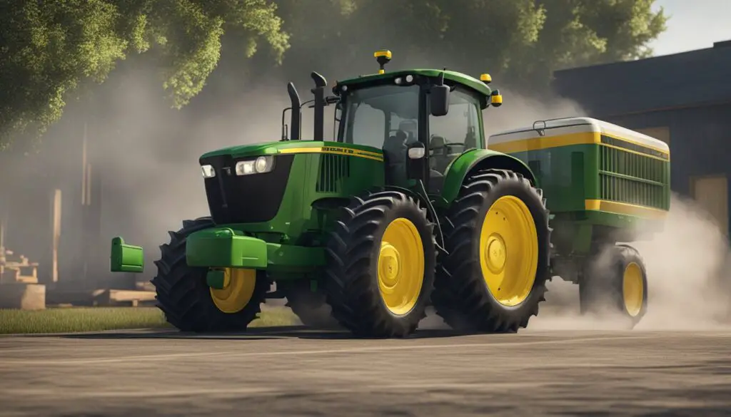 The John Deere 5045E air and cooling system shows signs of malfunction. Smoke billows from the overheated engine, while the radiator emits steam