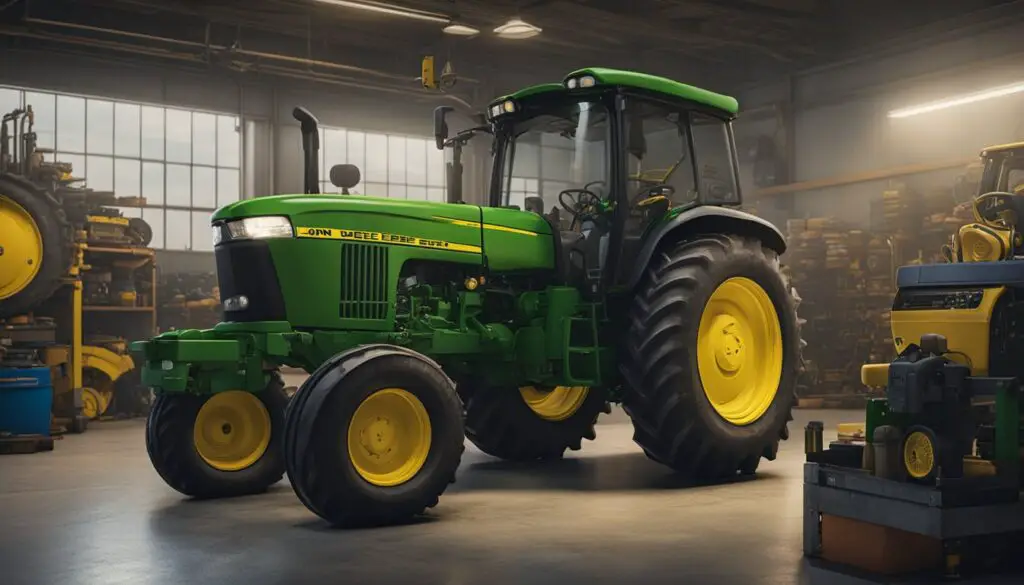 A John Deere 5045E tractor sits in a well-lit maintenance garage, surrounded by tools and equipment. The hood is open, revealing the engine and various components being inspected and serviced by a mechanic
