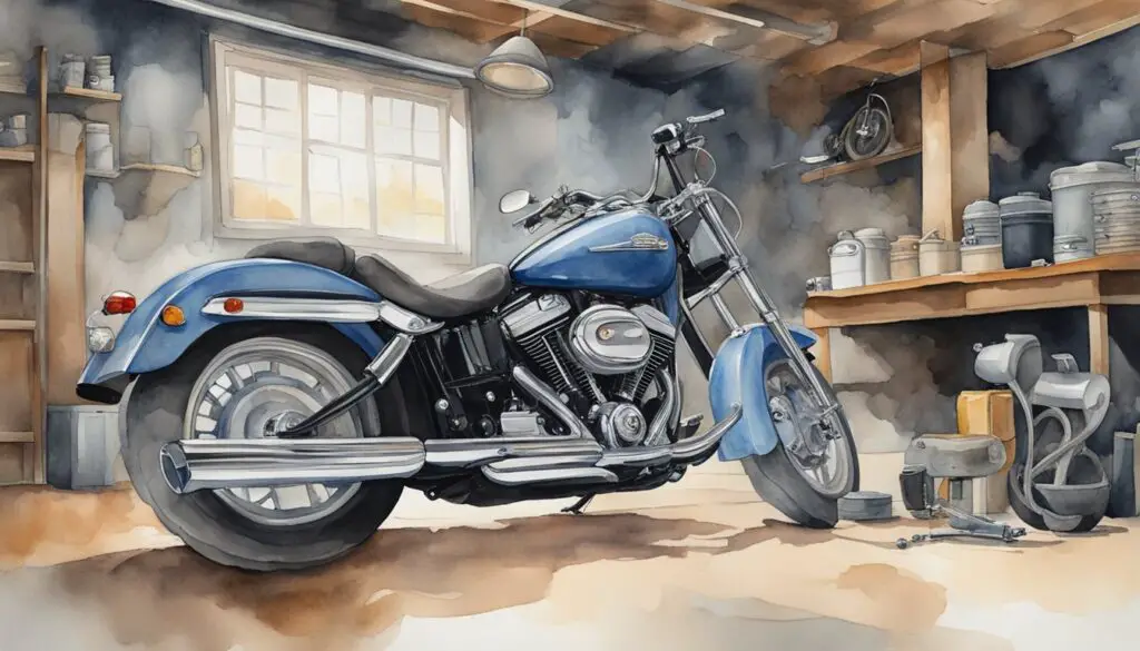 A Harley Davidson motorcycle sits in a garage, with the owner scratching their head while looking at the starter motor. The bike's engine remains silent, refusing to start