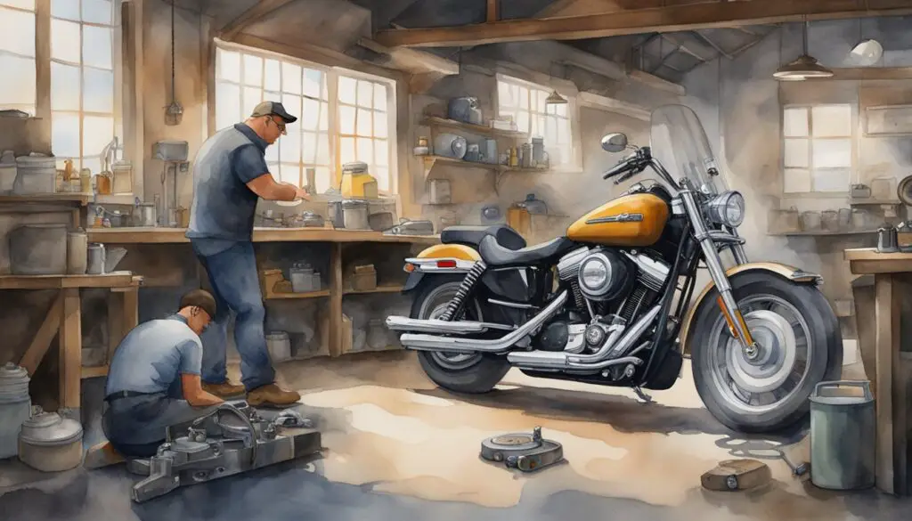 A Harley Davidson motorcycle sits in a garage, with a mechanic inspecting the starter motor for potential issues. Tools and diagnostic equipment are scattered around the bike