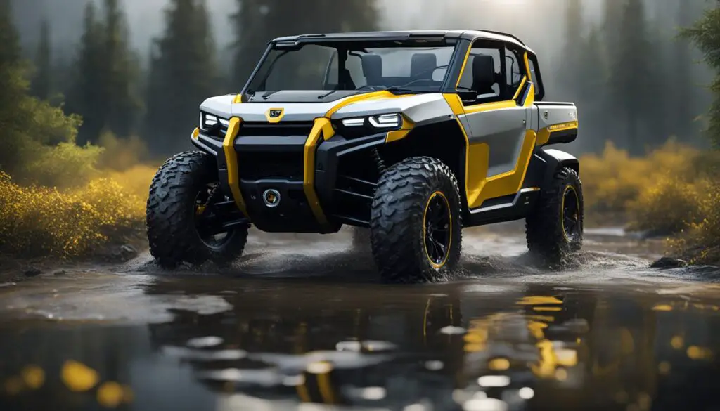 The Can-Am Defender is parked with a puddle of oil underneath, leaking from the engine area
