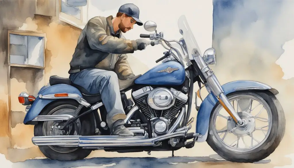 A mechanic examines a Harley Davidson motorcycle, diagnosing starter problems with advanced diagnostic equipment
