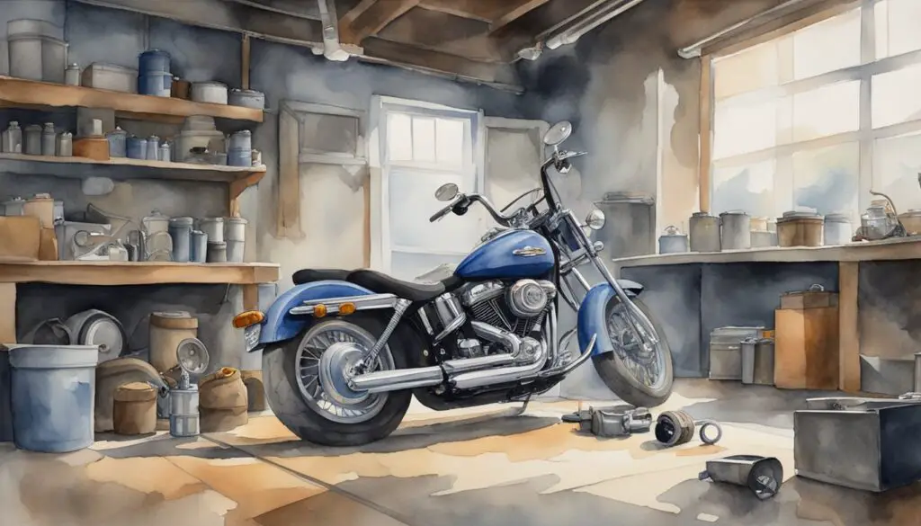 A Harley Davidson motorcycle sits in a garage, with a mechanic inspecting the starter motor for potential issues. Tools and parts are scattered around the work area