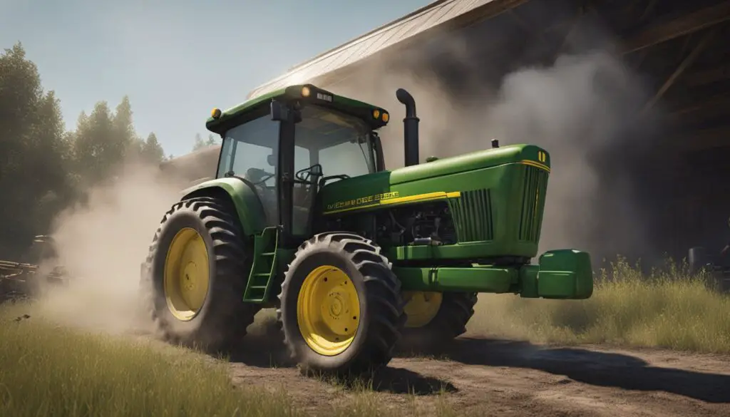The John Deere 4100 sits idle, smoke billowing from the engine. A puddle of oil forms beneath the tractor, while a mechanic examines the malfunctioning parts