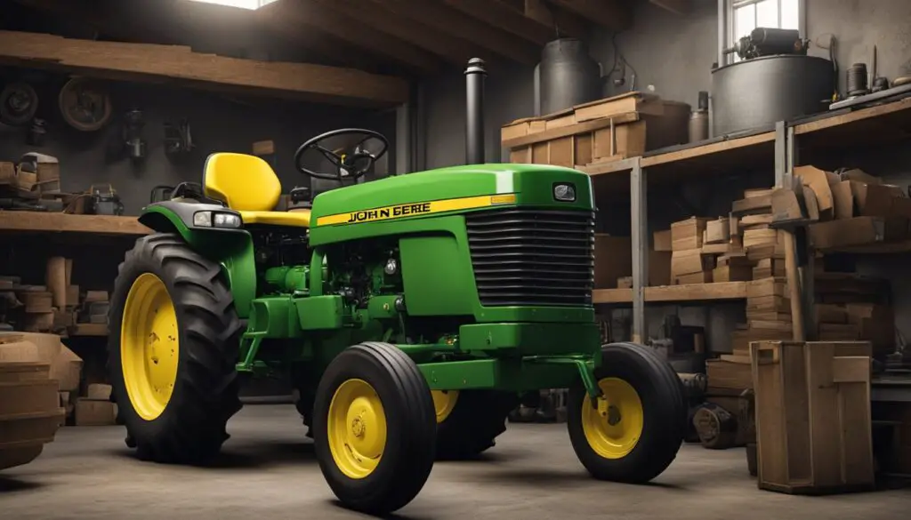 The John Deere 4100 sits in a garage, its fuel tank and carburetor exposed. A mechanic examines the components, a look of concern on their face
