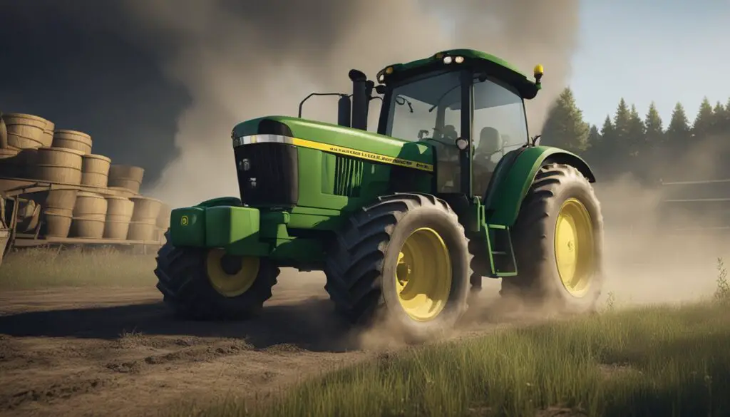 The John Deere 4100 tractor sits idle, with smoke billowing from its engine. A puddle of oil forms beneath the vehicle, indicating a transmission and drive issue