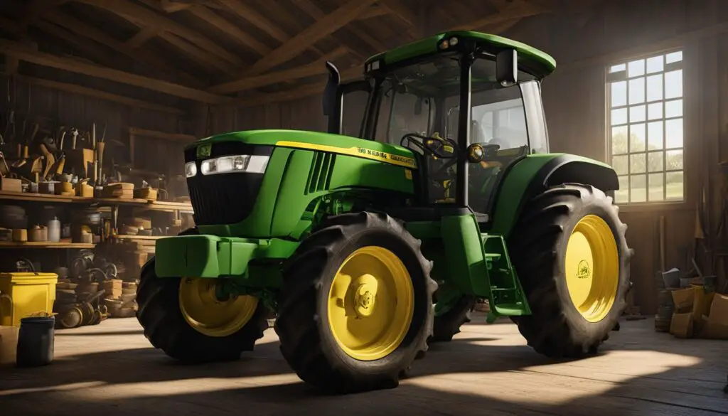 The John Deere 4100 tractor sits in a well-lit barn, surrounded by tools and spare parts. The hood is open, revealing the engine and various components being inspected and maintained