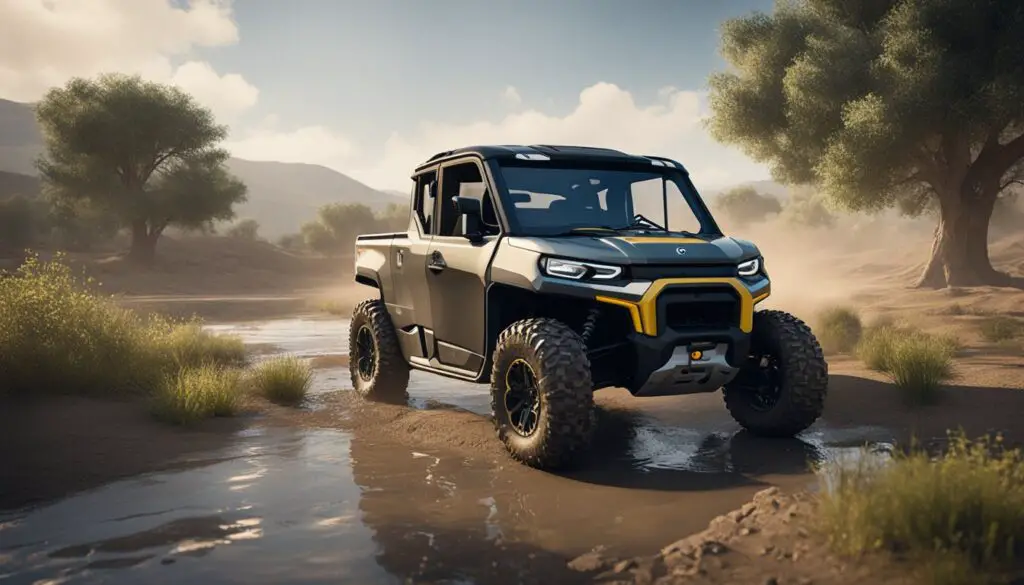 The Can-Am Defender is parked on a dirt road, with a small puddle of oil forming underneath the engine