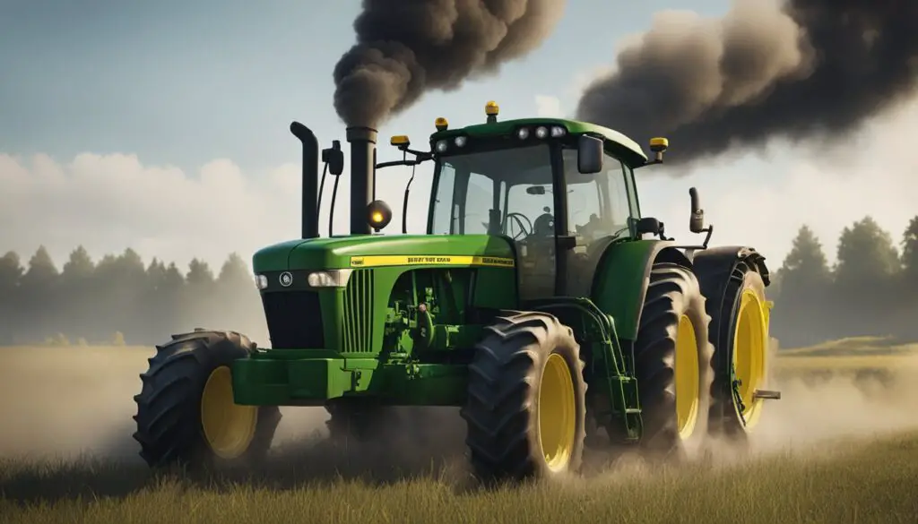 A John Deere 4044M tractor sits idle in a field, with smoke billowing from the engine and a puddle of oil forming beneath it