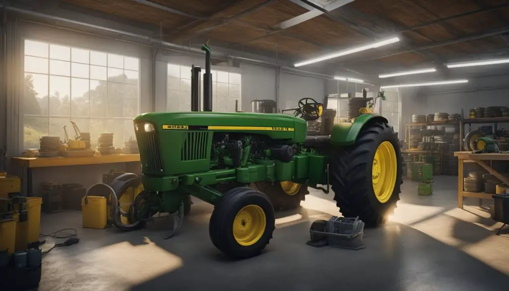 The John Deere 4044M tractor sits in a clean, well-lit garage. A mechanic inspects the engine, while another worker checks the tires and fluids. Tools and spare parts are neatly organized on shelves