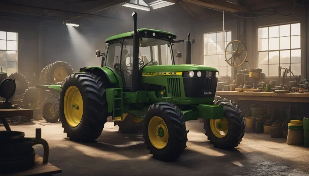 A mechanic troubleshoots and repairs a John Deere 4044M tractor in a well-lit workshop, surrounded by tools and diagnostic equipment