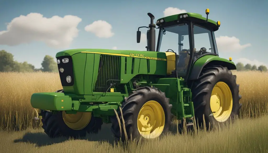 A John Deere 4044M tractor sits in a field, surrounded by tall grass and under a clear blue sky. The tractor is in good condition, with no visible signs of mechanical issues