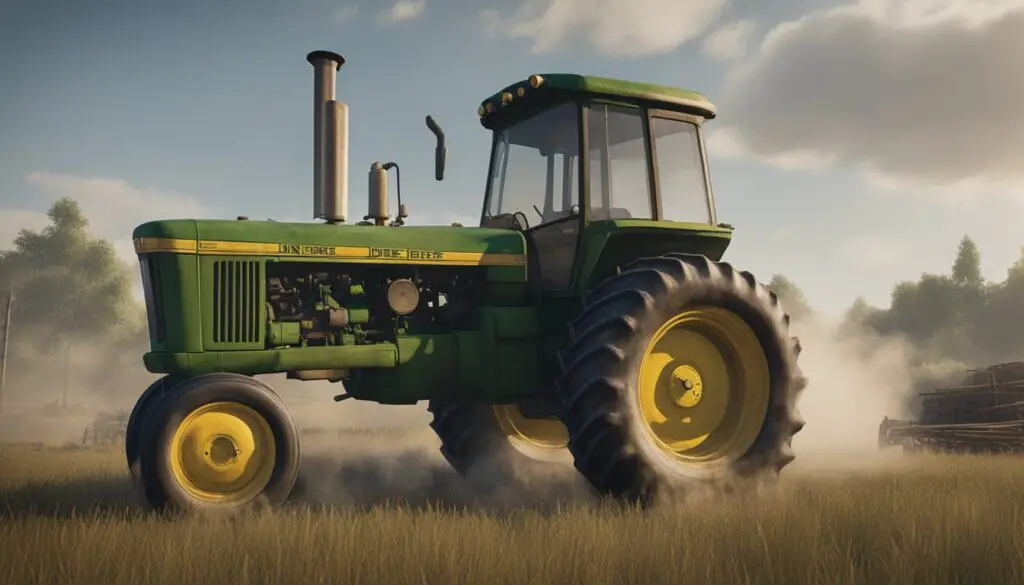 The John Deere 2010 tractor sits idle in a field, smoke billowing from the engine as it struggles to start. Rust and wear are evident on its weathered exterior