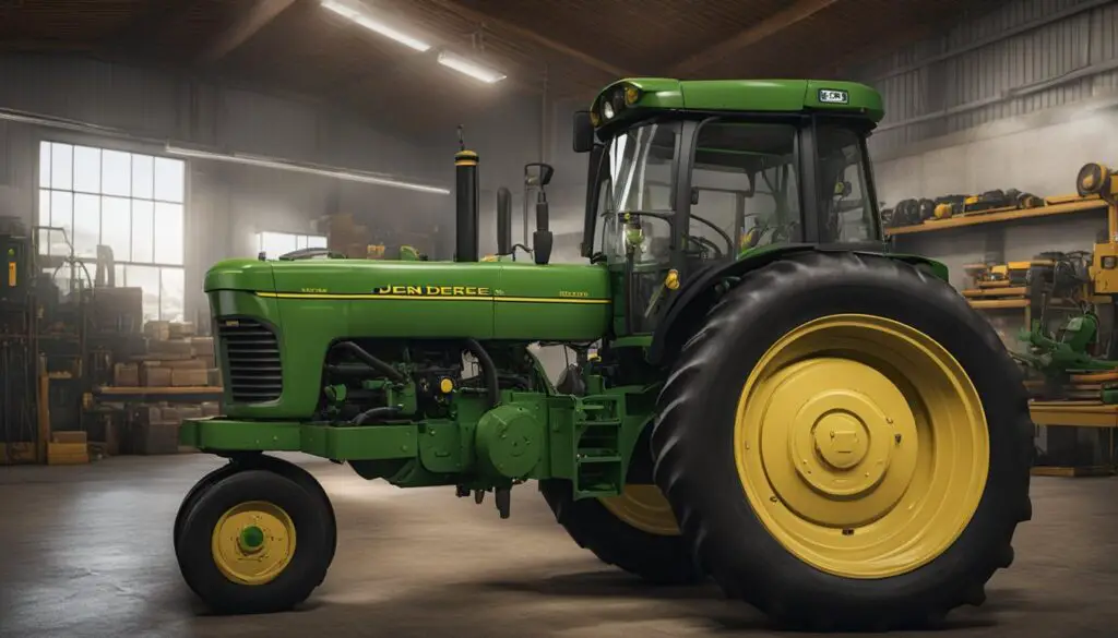 A John Deere 2010 tractor is being serviced for mechanical issues in a well-lit, spacious workshop. Tools and diagnostic equipment are scattered around the tractor as technicians work to optimize its performance