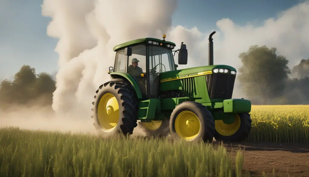 A John Deere 2010 tractor sits idle in a field, with a cloud of smoke rising from its engine. A farmer scratches his head in frustration nearby