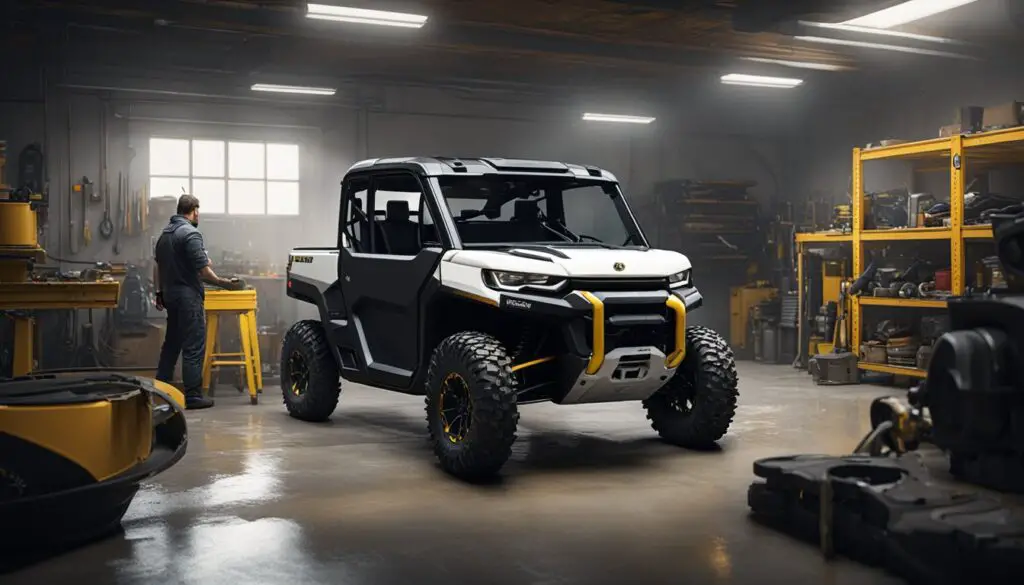 The Can-Am Defender sits in a garage, oil puddle beneath. A mechanic inspects the engine, tools scattered nearby