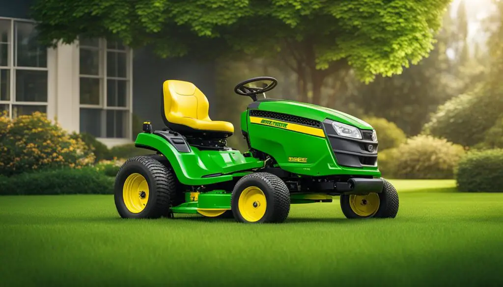 A John Deere Z530M mower sits in a lush green yard, its powerful engine idling as it awaits its next task