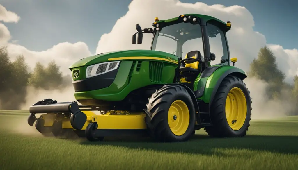 The John Deere Z530M sits in a grassy yard, with a cloud of smoke rising from its engine. The mower's blades are still, and a puddle of oil forms beneath it