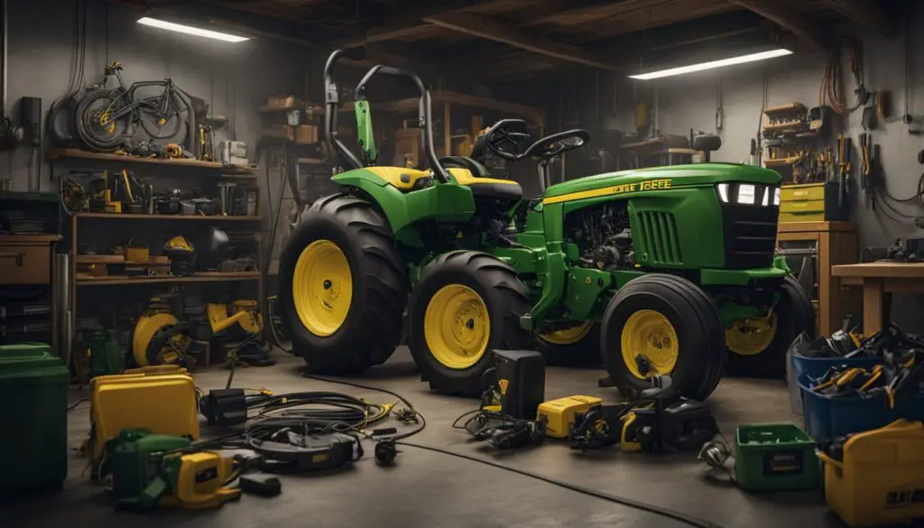 The John Deere Z530M sits in a garage, surrounded by tools and spare parts. Its engine is open, revealing a tangle of wires and components. A mechanic kneels beside it, studying the problem