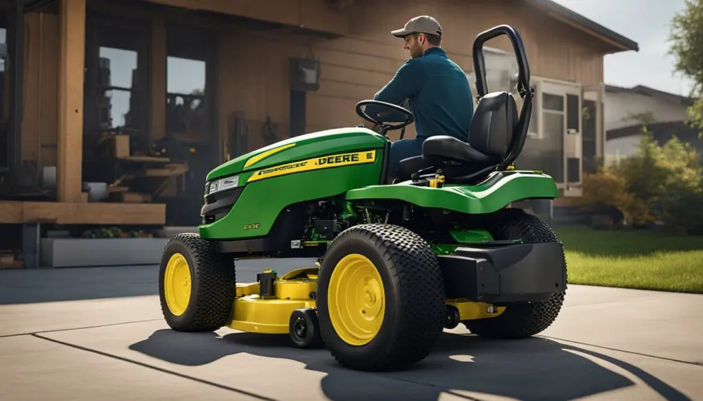 A John Deere z530m mower sits idle with a warning label and a technician inspecting the engine