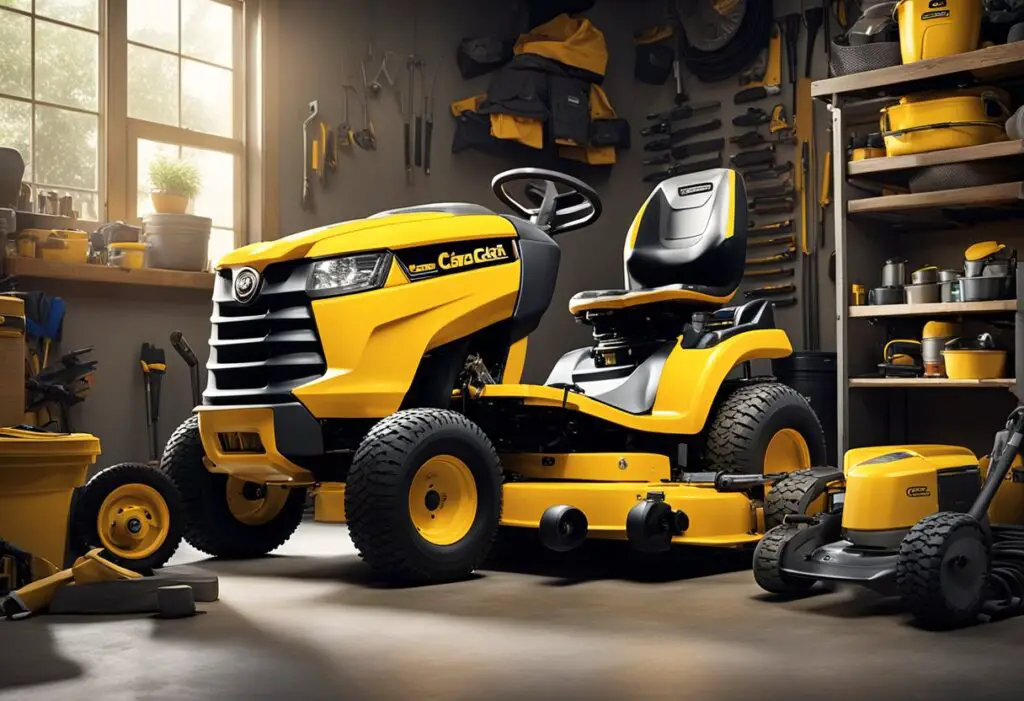 A Cub Cadet mower sits in a garage, surrounded by tools and maintenance supplies. The hood is open, revealing a mechanic working on the engine