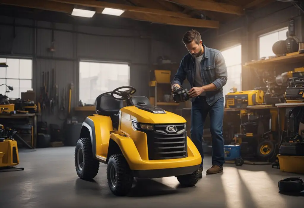 A Cub Cadet model sits in a garage, with a mechanic using a jump starter to fix its starting problems