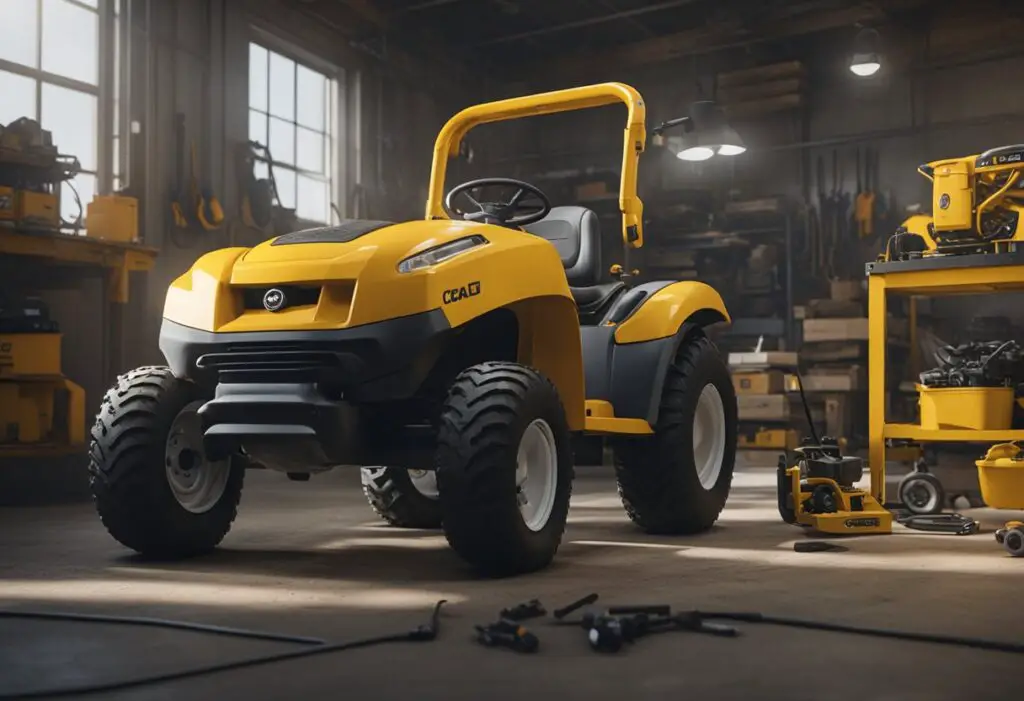 A mechanic using diagnostic tools to troubleshoot a stalled Cub Cadet mower. A tool cart and various parts scattered around the workshop