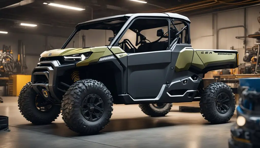 The Can-Am Defender sits in a garage, oil pooling beneath the engine. Tools and replacement parts are scattered nearby, ready for an upgrade